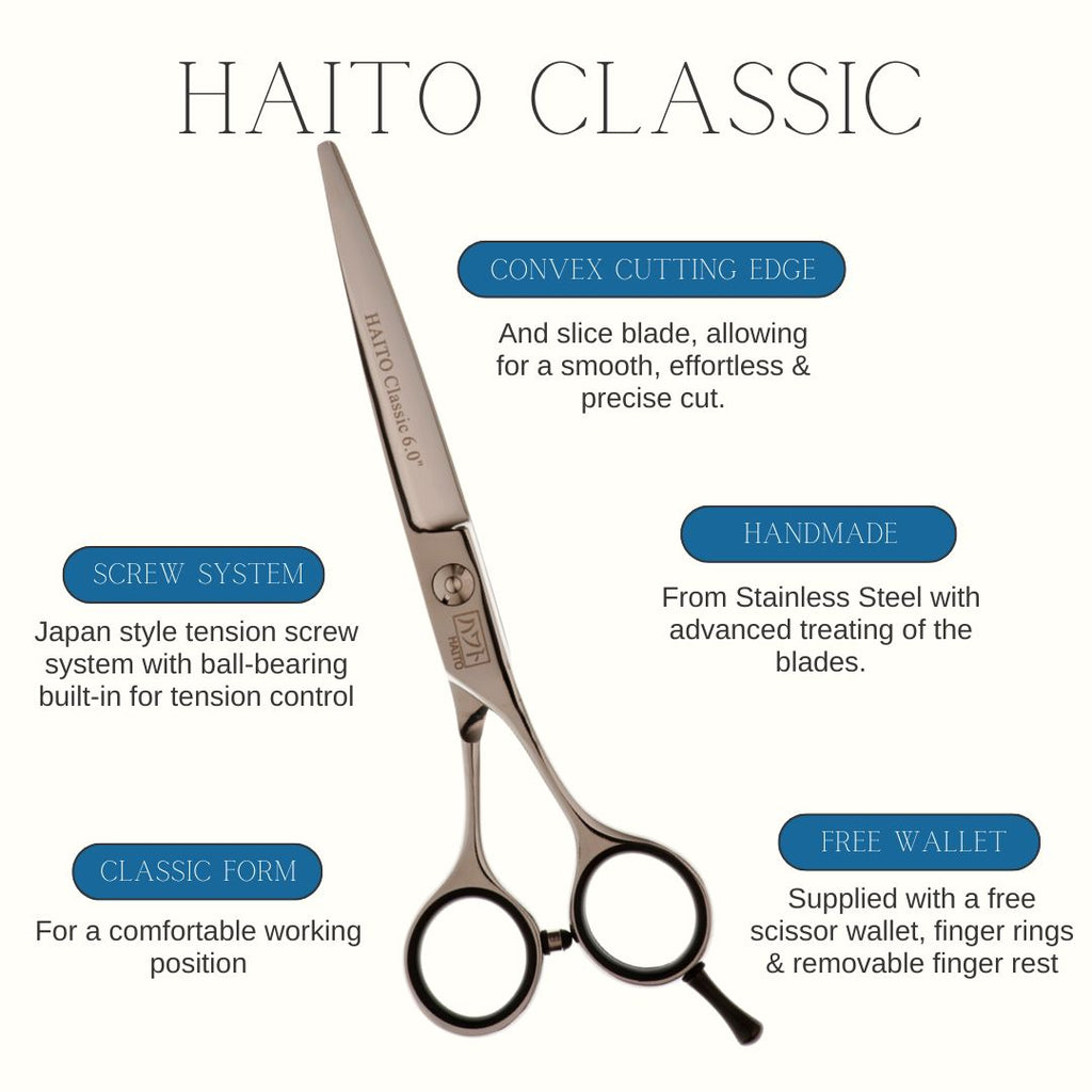 Hair cutting scissors with features highlighted on a white background