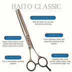 Hair cutting scissors with features highlighted on a white background