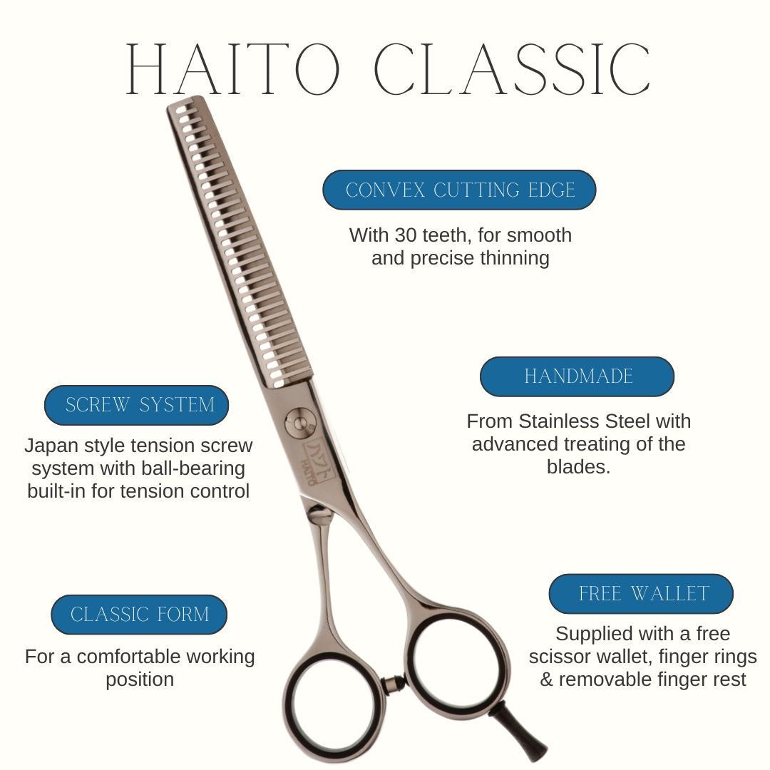 Hair cutting scissors with features highlighted on a white background