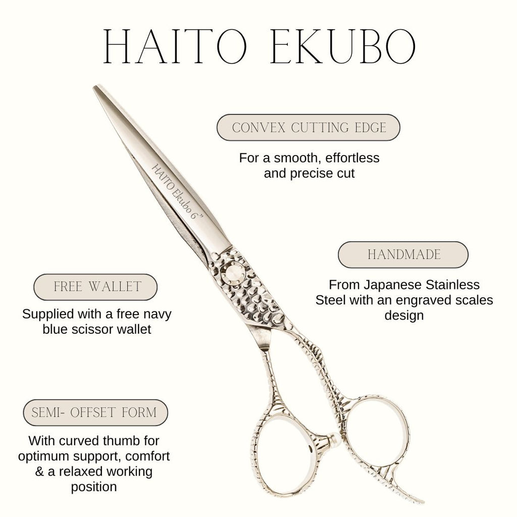 Hair cutting scissors with branding and product features on a white background