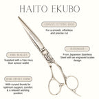 Hair cutting scissors with branding and product features on a white background