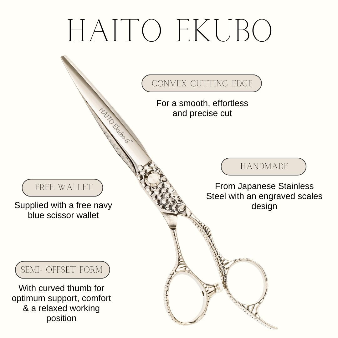 Hair cutting scissors with branding and product features on a white background