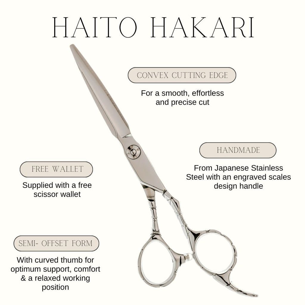 Hair cutting scissors with branding and product features on a white background