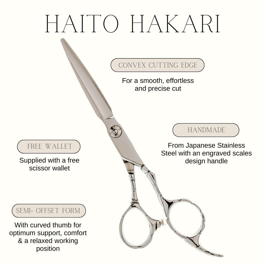 Hair cutting scissors with branding and product features on a white background