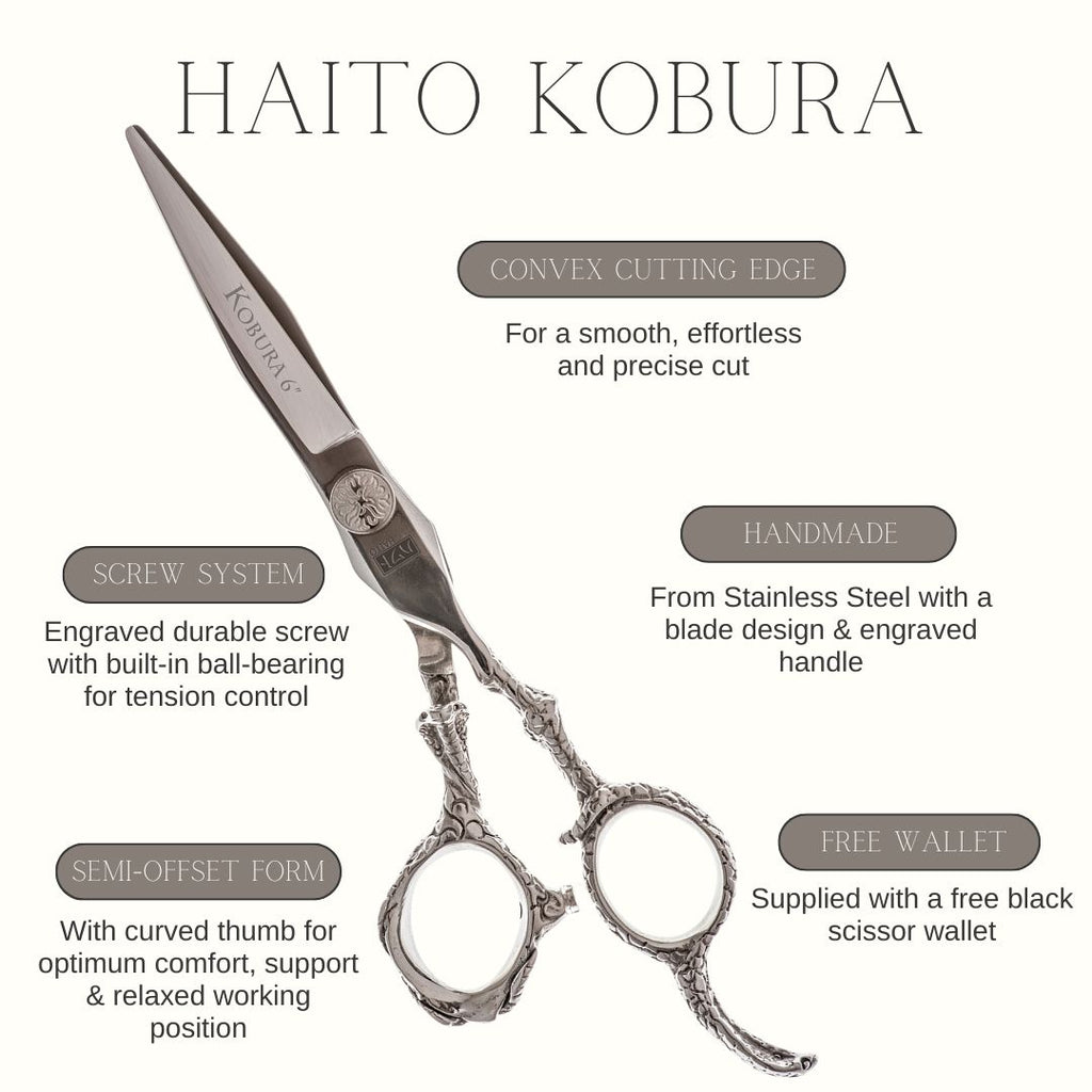 Haito Kobura scissors with features listed on a white background