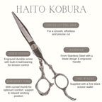 Haito Kobura scissors with features listed on a white background