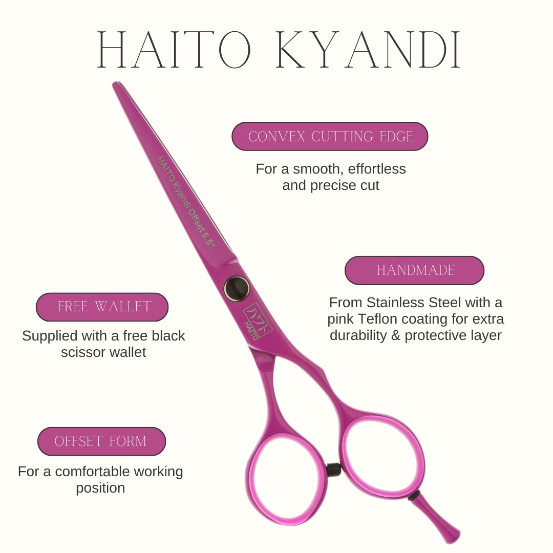 Pink hair cutting scissors with features listed on a white background