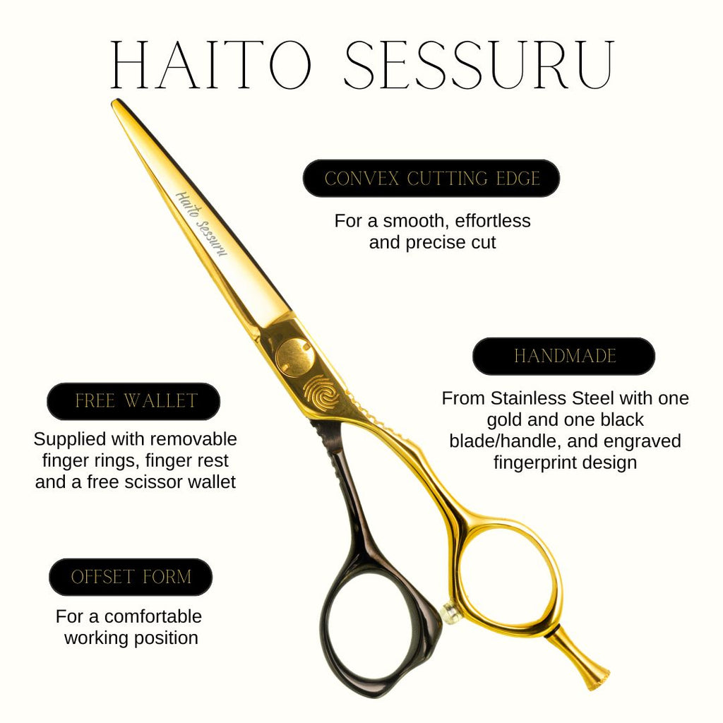 Hair cutting scissors with gold and black design on a white background, featuring the brand 'Haito Sessuru'.